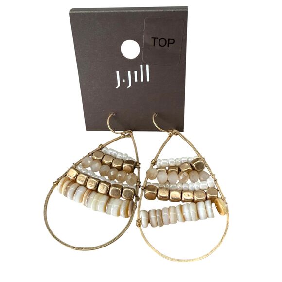 J. Jill Gold Tone Beaded Teardrop Earrings Dangle Drop White Cream Neutral Boho - Picture 3 of 9
